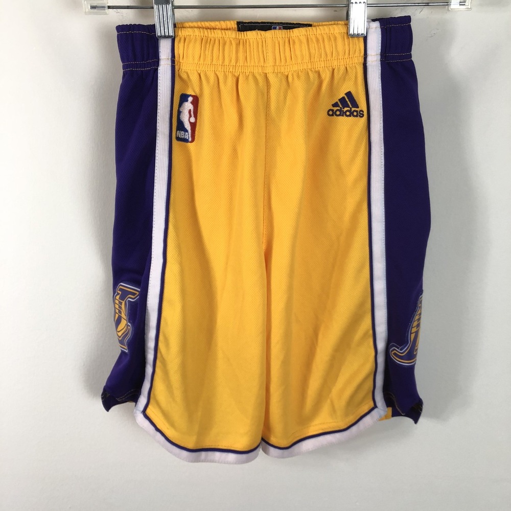 Adidas Los Angeles Lakers Basketball Shorts Boys Sz S(8) Gold Purple NBA *Flaw*